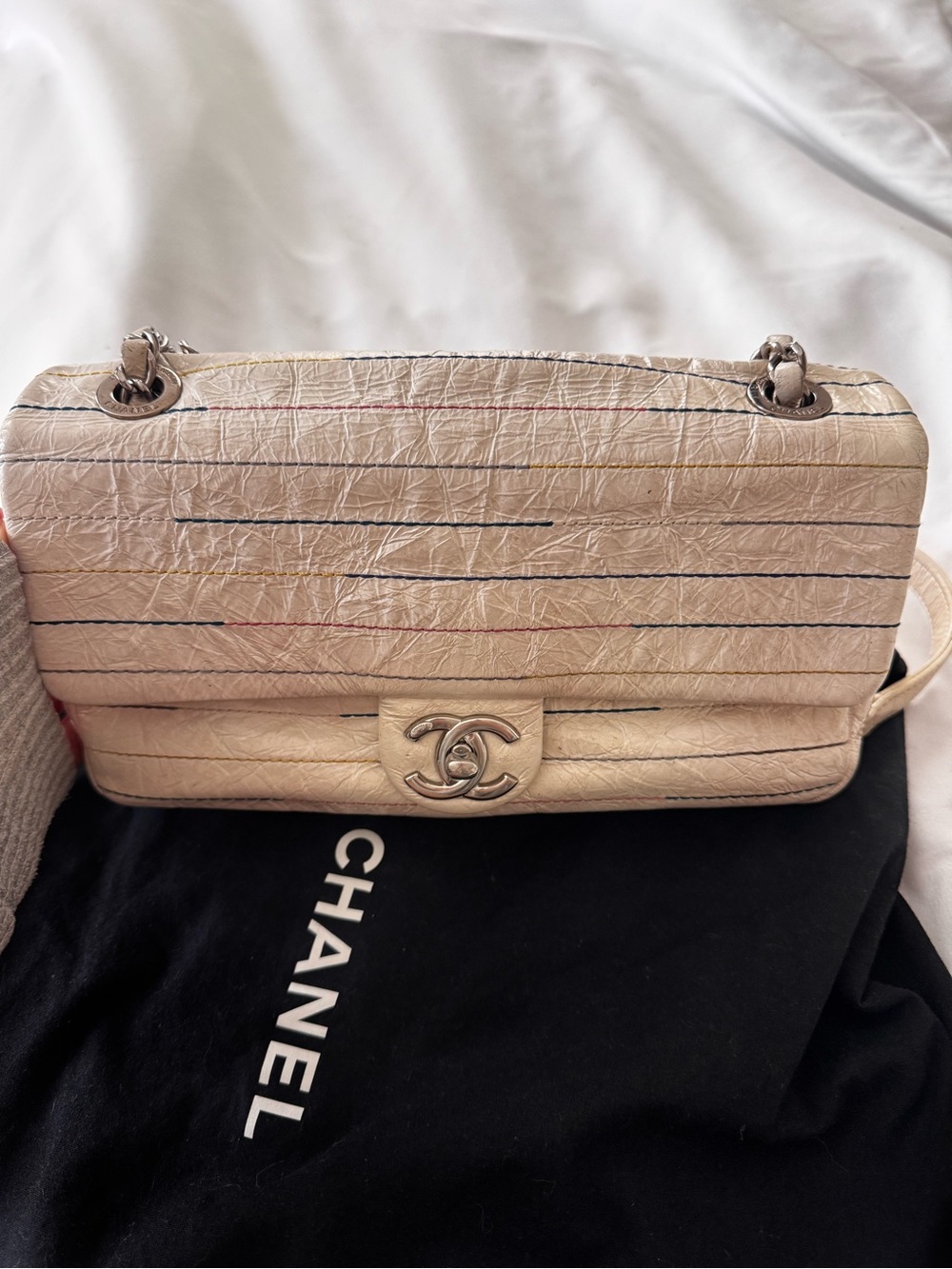 Chanel white calfskin stitch flap bag